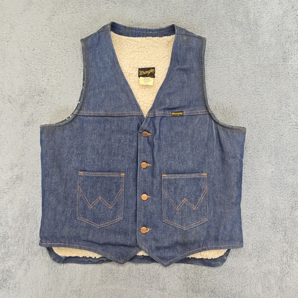 Vintage 70's Wrangler No Fault Sherpa Lined Denim Vest Large Made In USA VL200NV